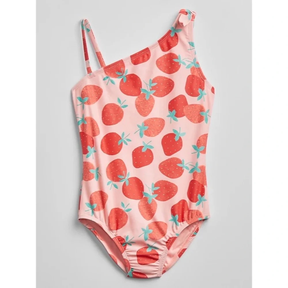 NWT Gap Kids Strawberry Faux Tie Shoulder One Piece Swimsuit Bathing Suit UPF 50
